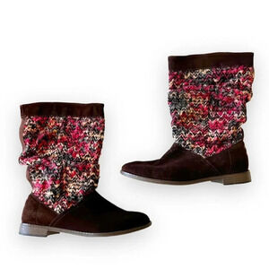 Toms Serra Sweater Boot Slouchy Size 8.5 Brown Suede Chunky Knit‎ Pink Lodgecore